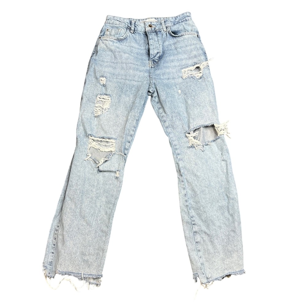 ZARA Womens Size 4 Light Wash Distressed Ripped Straight Leg Jeans
